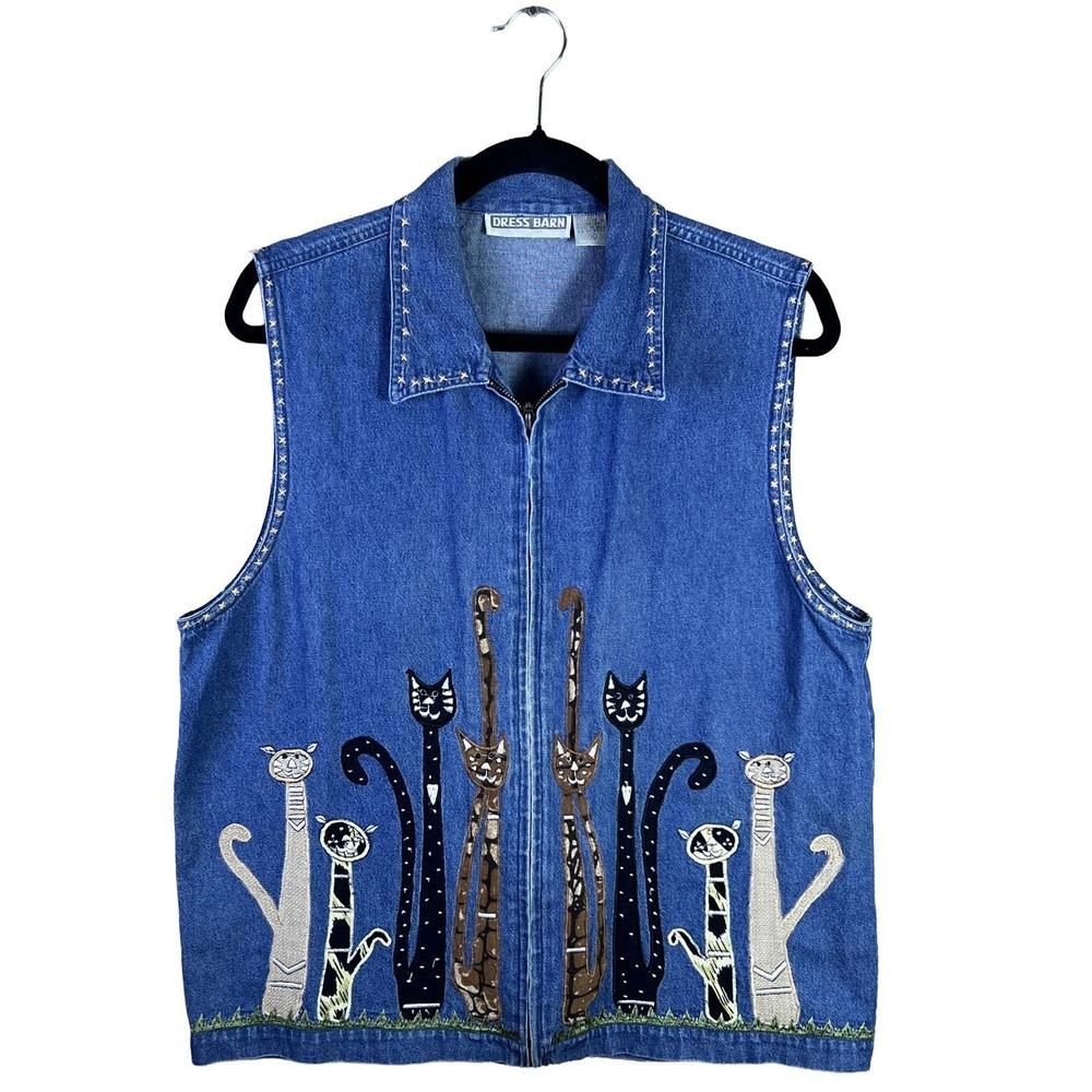 90s Dress Barn Novelty Cat Denim Vest Womens XL Whimsigoth